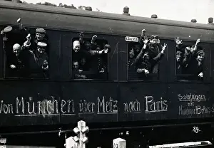 German Text Prints: German Troops Waving From Train Windows