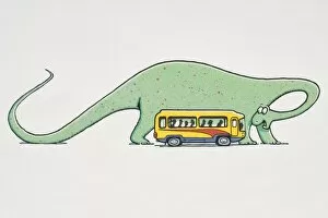 Giant green dinosaur standing next to minibus full of passengers bending its neck back to peer at the vehicle
