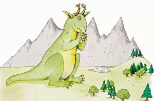 Images Dated 18th January 2007: Giant green dragon with curled horns and red eyes sitting on green field in front of mountain