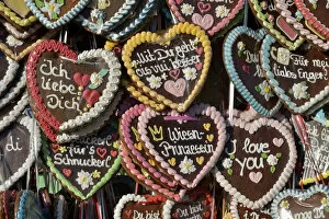 Full Frame Collection: Gingerbread hearts at a stall, Oktoberfest, Munich, Upper Bavaria, Bavaria, Germany