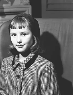 12 13 Years Prints: Girl (12-13) posing at home, (B&W), portrait