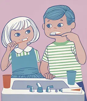 Dental Hygiene Prints: Girl and Boy Brushing Their Teeth