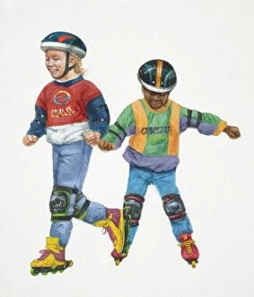 Images Dated 31st March 2006: Girl and boy in kneepads and helmets rollerblading holding hands, front view