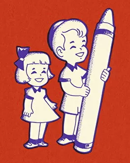 Girl and Boy with a Large Crayon