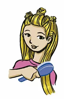 Girl brushing her long blonde hair, dressed in three knots at top