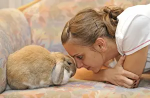 Youth Prints: Girl cuddling with a European Dwarf Rabbit (Oryctolagus cuniculus), animal love