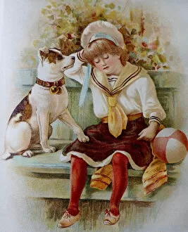 Images Dated 15th July 2017: Girl and dog sittin on a bench, outdoor, summer