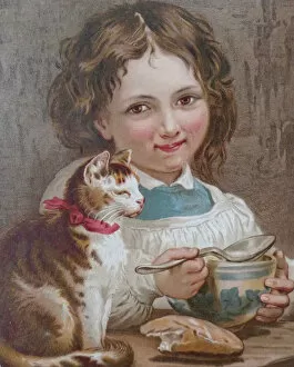Images Dated 24th July 2017: Girl eating soup having her cat on the table