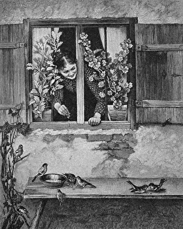 Feminine Prints: Girl feeding birds, scattering food from the window