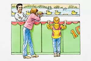 Aiming Gallery: Girl at funfair stall shooting at ducks, boy and man watching