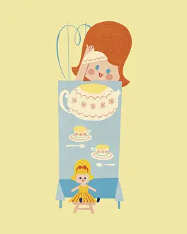 Facial Prints: Girl Having a Tea Party with Her Doll