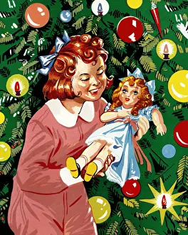 Bulb Prints: Girl Holding a Doll by a Christmas Tree