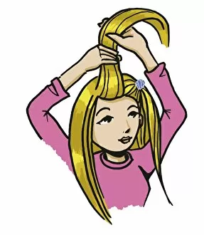 Girl holding up section of her long blonde hair, some of it clipped back at side