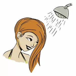 Girl with long ginger hair flipped over her face having a shower