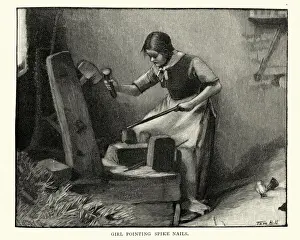 Girl making spike nails in a victorian factory, 19th Century