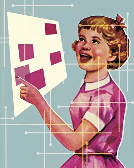 Images Dated 16th September 2016: Girl Pointing to Rectangles on a Poster