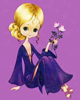 Images Dated 24th March 2015: Girl in a Purple Dress Holding Pink Flowers