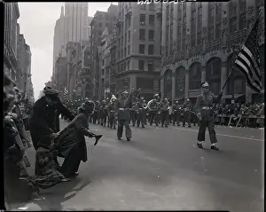 Patricks Day Prints: Girl Running Toward Marchers In Parade