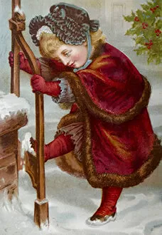 Images Dated 24th July 2017: Girl scraping off the snow of her feet at the staircase