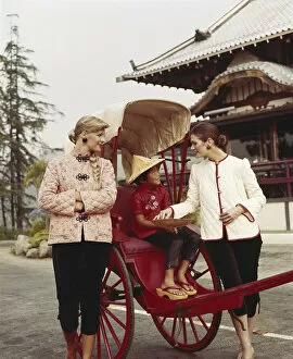 Images Dated 1st January 1975: Girl sitting in horsedrawn cart, women standing besides