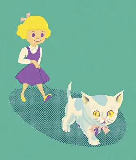 Striding Prints: Girl Walking a Kitten on a Leash