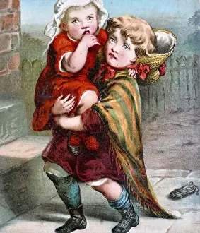 Girl walking on street carrying a baby saying: baby is heavy