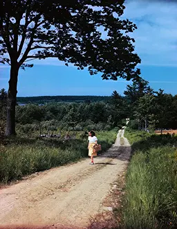 Maine Prints: Girl Walking on Winding Country Road