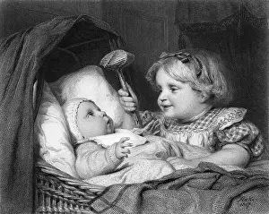 Infancy Prints: Girl Waving Rattle at Infant