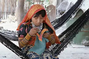 Hammock Prints: Girl Working on Embroidery in Hammock