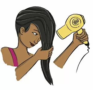 Face Gallery: Girl wringing her long dark hair while holding blow dryer in the other hand