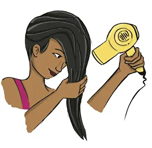 Hairdo Prints: Girl wringing her long dark hair while holding blow dryer in the other hand