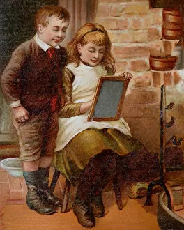 Images Dated 15th July 2017: Girl writing on slite, boy standing aside looking