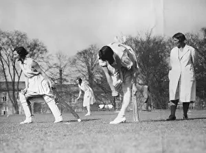 Prints of View of a bowler as she throws a ball during the season's first cricket practice, Bourneville, England, March 30, 1933. (Photo by PhotoQuest/Getty Images) Legendary Moments & Global Spirit in Wall Art: Girls Cricket Practice