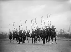 Prints of (Original Caption). Savage School Girls Hockey Team. New York...Photo shows members of the Savage School girls hockey team as they all gave one great cheer after their practice game in Central Park Frozen Moments: A Journey Through Hockey History: Girls Hockey Team Cheering After Game