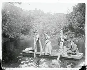 Maine Prints: Girls and Man in Flat Rowboat