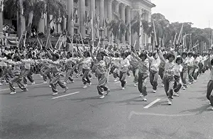 Singapore Prints: Girls Performing Sword Dance in Parade