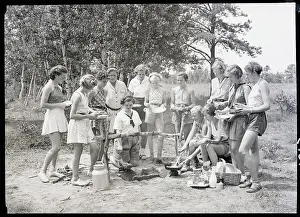 Springfield Prints: Girls Scouts Preparing Meal At Campfire
