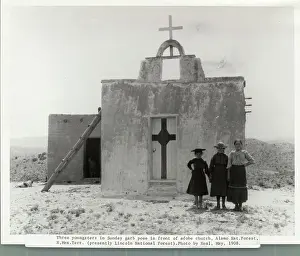New Mexico Prints: Girls Standing Near Door of Church