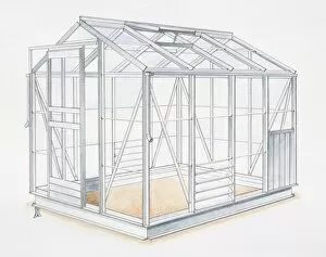 Empty glass greenhouse with metal frame, side view