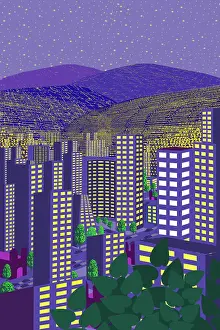 Prints of Dark Blue Downtown district at night with glittering lights from skyscraper windows Quirky Art Illustration Prints: Glittering Downtown Skyscrapers at Night Illustration