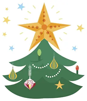Festive Prints: Glittering yellow star on top of Christmas tree decorated with baubles and colourful lights
