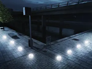 Prints of Glowing white balls, gaming icons, floating in urban scenery, in two directions Stone Prints: Glowing balls floating in urban scenery