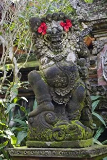 God figure decorated with hibiscus flowers, Ubud, Bali, Indonesia