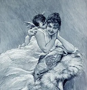 Prints of Kiss of cupid Amor In classical mythology, Cupid meaning passionate desire is the god of desire, erotic love, attraction and affection Valentine Day Print Prints: God of Love cupid kissing beautiful woman illustration 1901