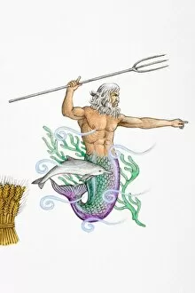 God of sea with head and torso of human man and tail of fish, holding trident above head