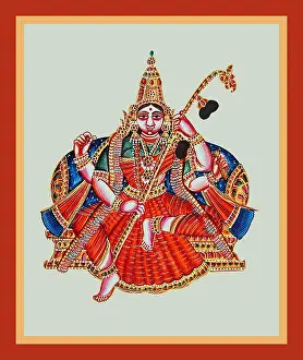 Beads Prints: Goddess Sarasvatī sits in lalitasana on a throne