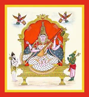 Prayer Prints: Goddess Sarasvatī on a throne