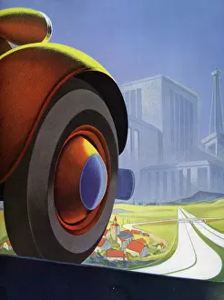 Prints of An elegant illustration depicts an automobile heading into the city on a long empty highway, circa 1938. (Jim Heimann Collection/Getty Images) A Visual Journey Through Jim Heimann’s Collage Illustrations—Celebrating the Art of Vintage Ephemera and Pop History: Going To Town