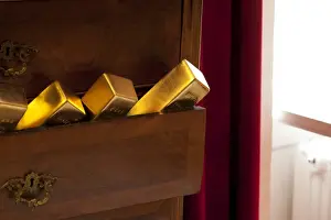 Metals Prints: Gold bars in a drawer cabinet