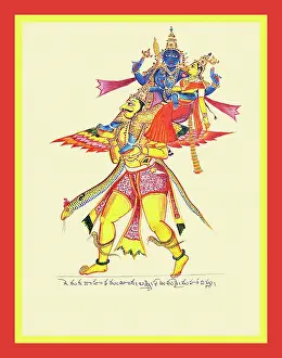 Lotus Prints: Golden-hued Garuda bearing Vishnu and Laksmi